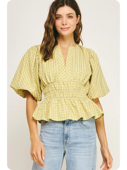 Checkered Puff Sleeve Top