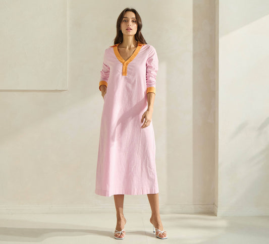 Contrast Trim Linen Dress