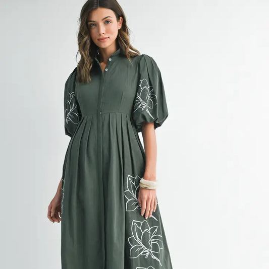 Embroidered Puff Sleeve Maxi