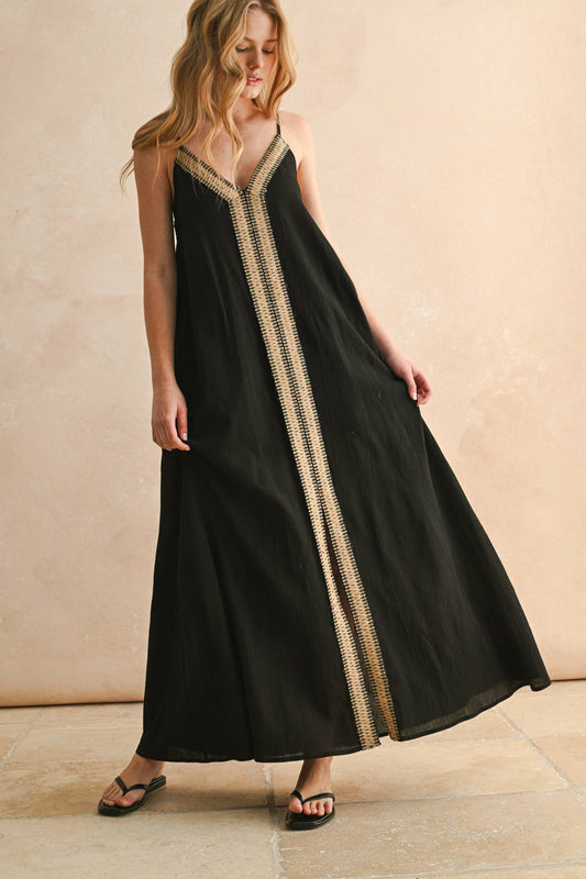 Black Straw Trimed Dress