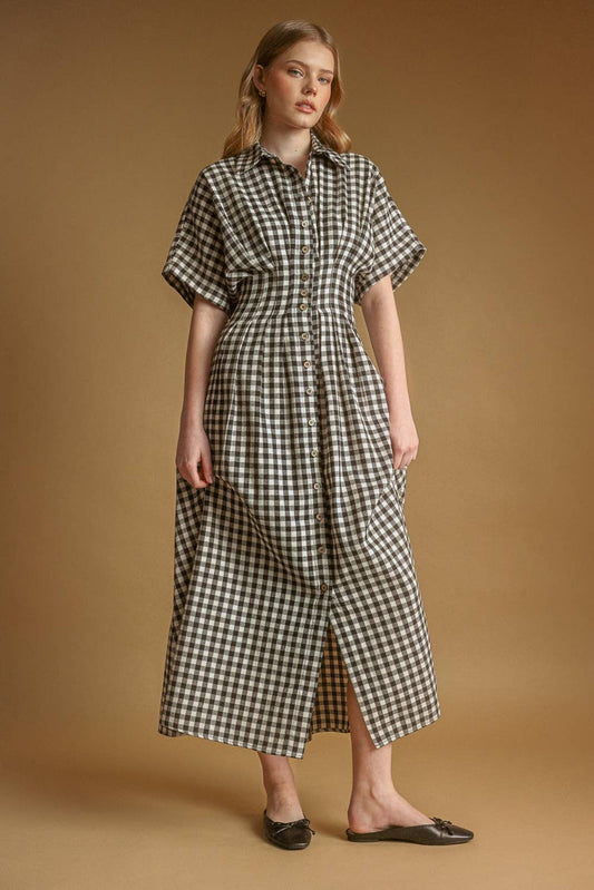 Brown Gingham Button Down Dress
