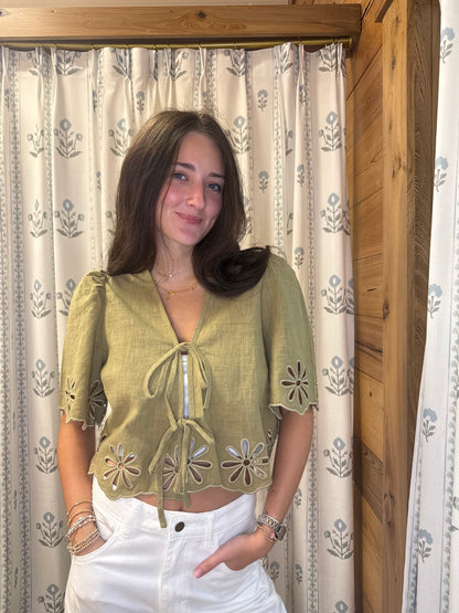 Emboridered Tie Front Top