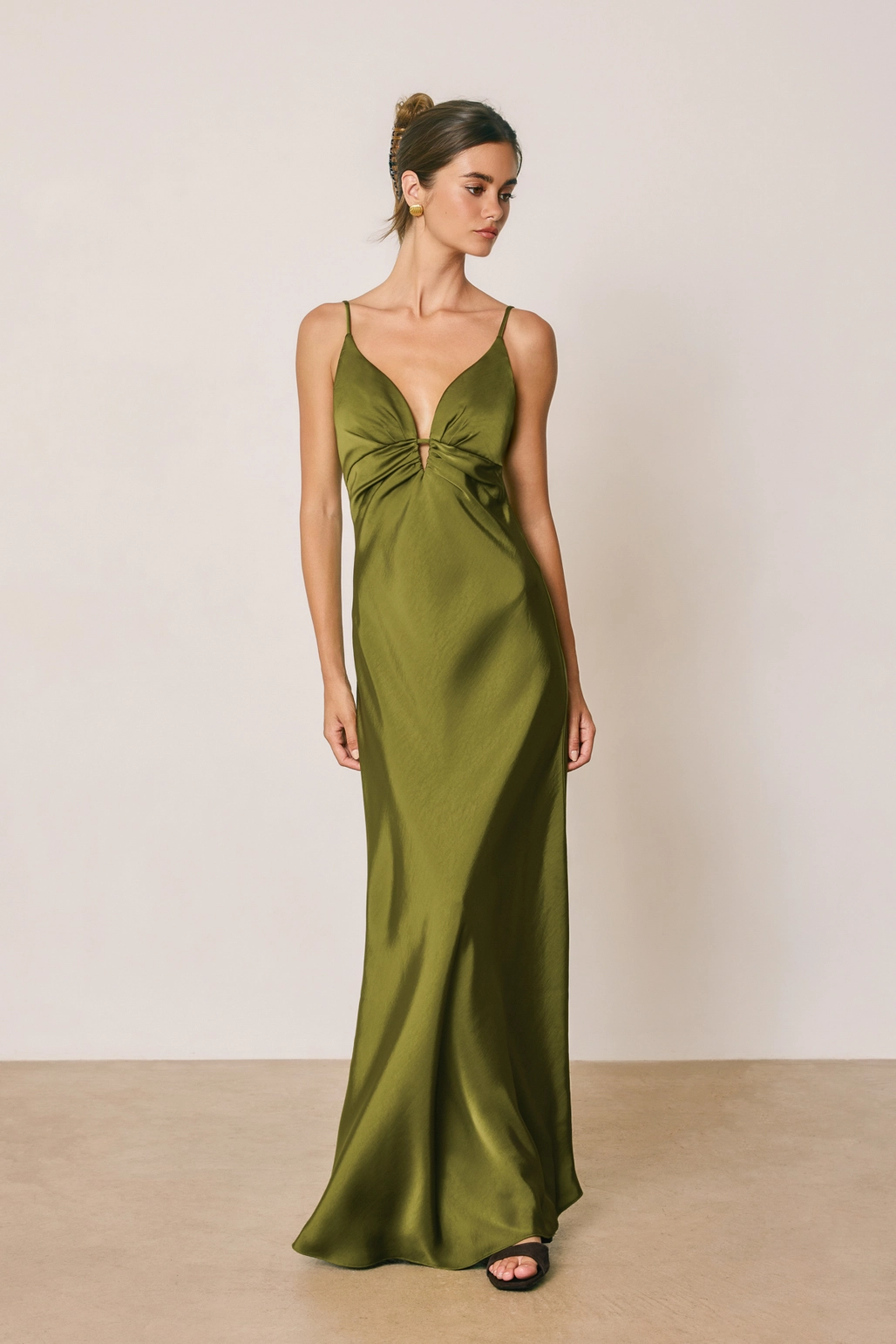 Moss Satin Ruched Front Maxi
