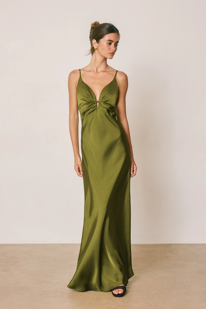 Moss Satin Ruched Front Maxi