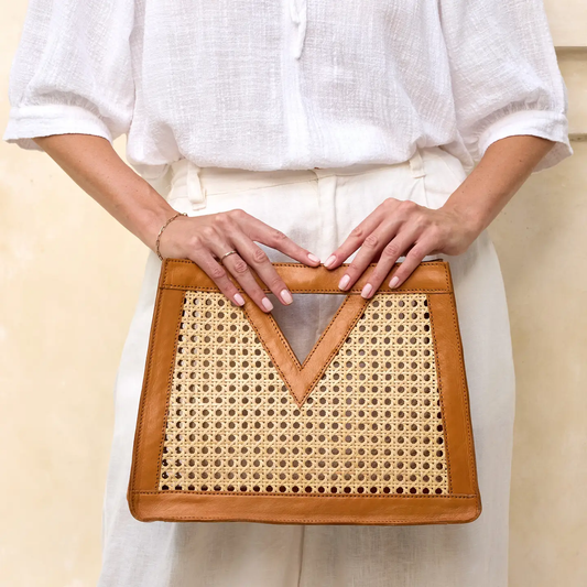 Brown Cane Weave Rattan Triangle Handbag