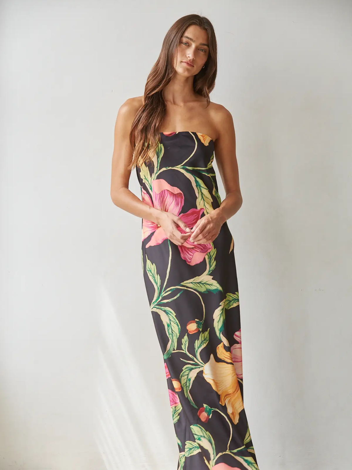 Woven Floral Print Strapless Tube Midi Dress