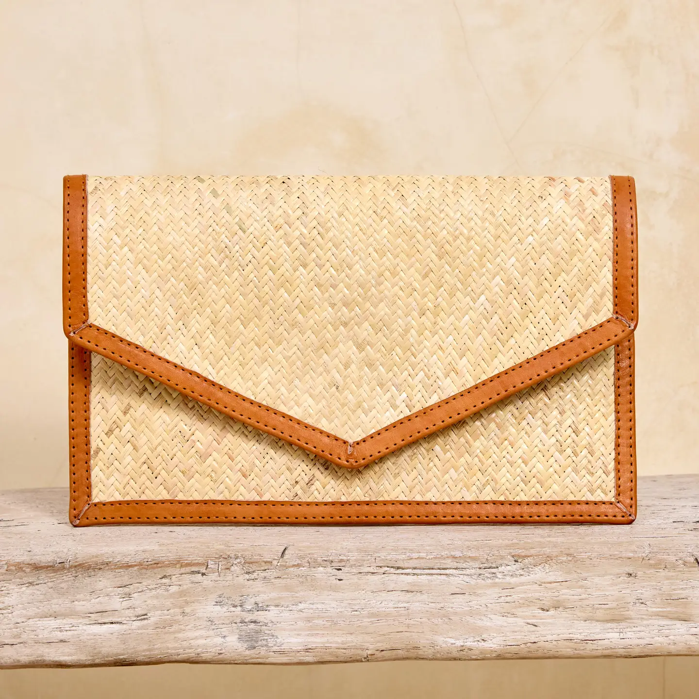 Ivory Rattan Clutch with Brown Leather Trim