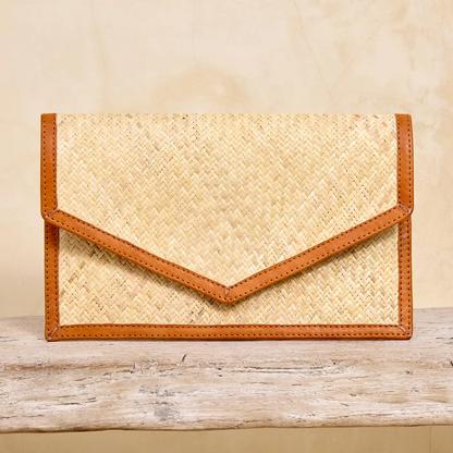 Ivory Rattan Clutch with Brown Leather Trim