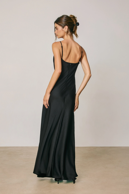 Black Satin Ruched Front Maxi