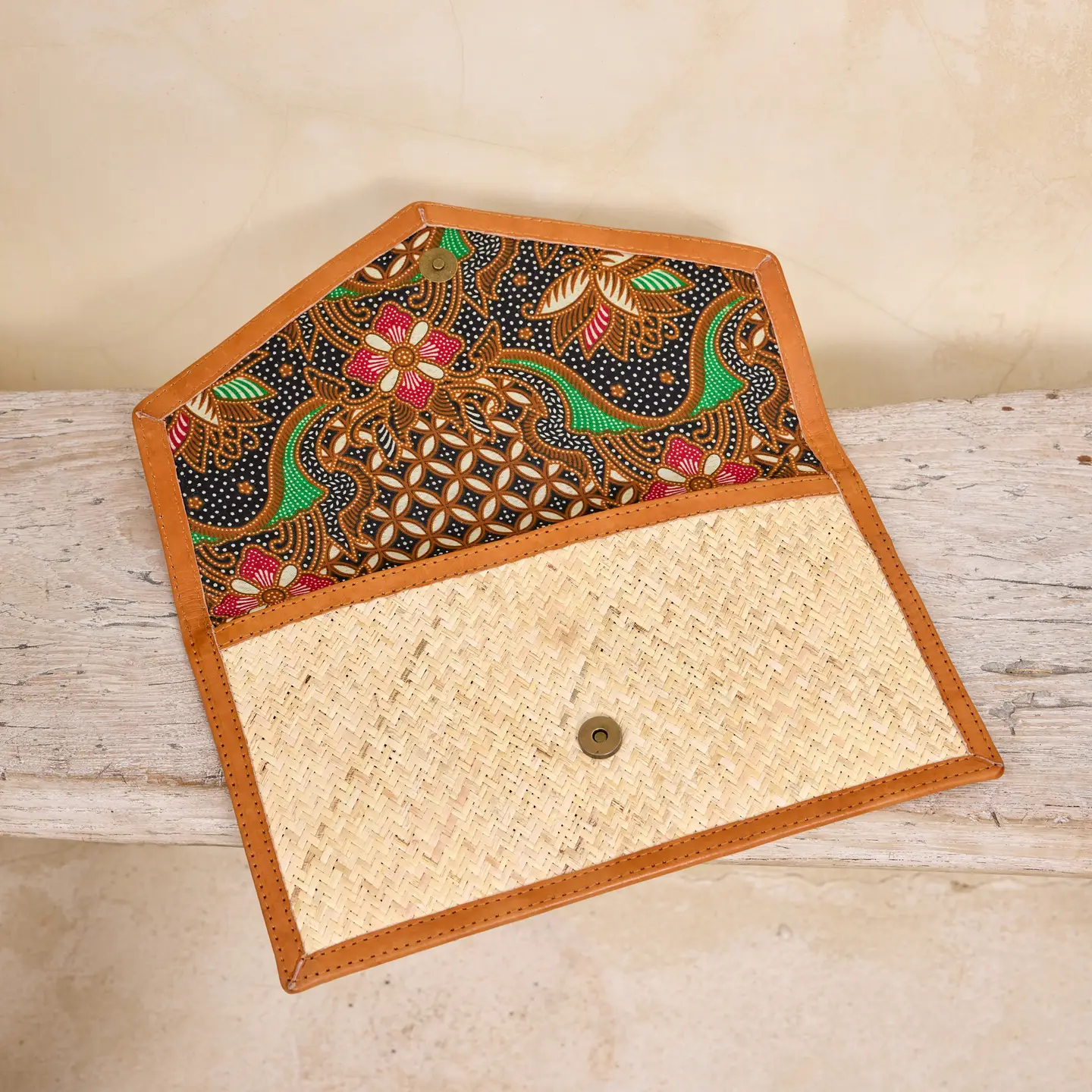 Ivory Rattan Clutch with Brown Leather Trim