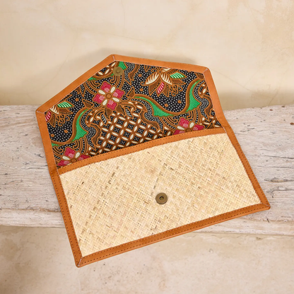 Ivory Rattan Clutch with Brown Leather Trim