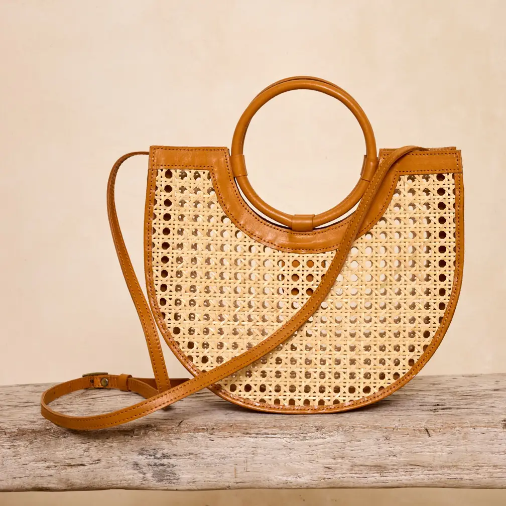 Leather Square Weave Rattan Handbag