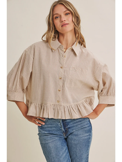 Micro Check Ruffle Blouse