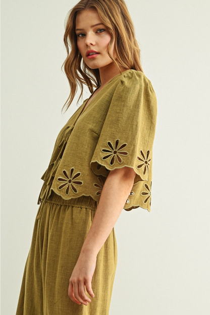 Emboridered Tie Front Top