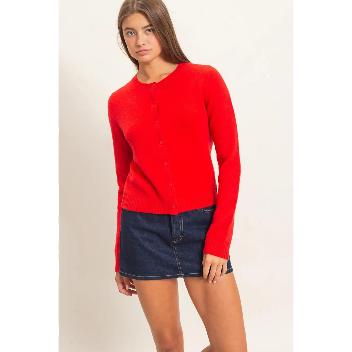 Red Crew Neck Cardigan
