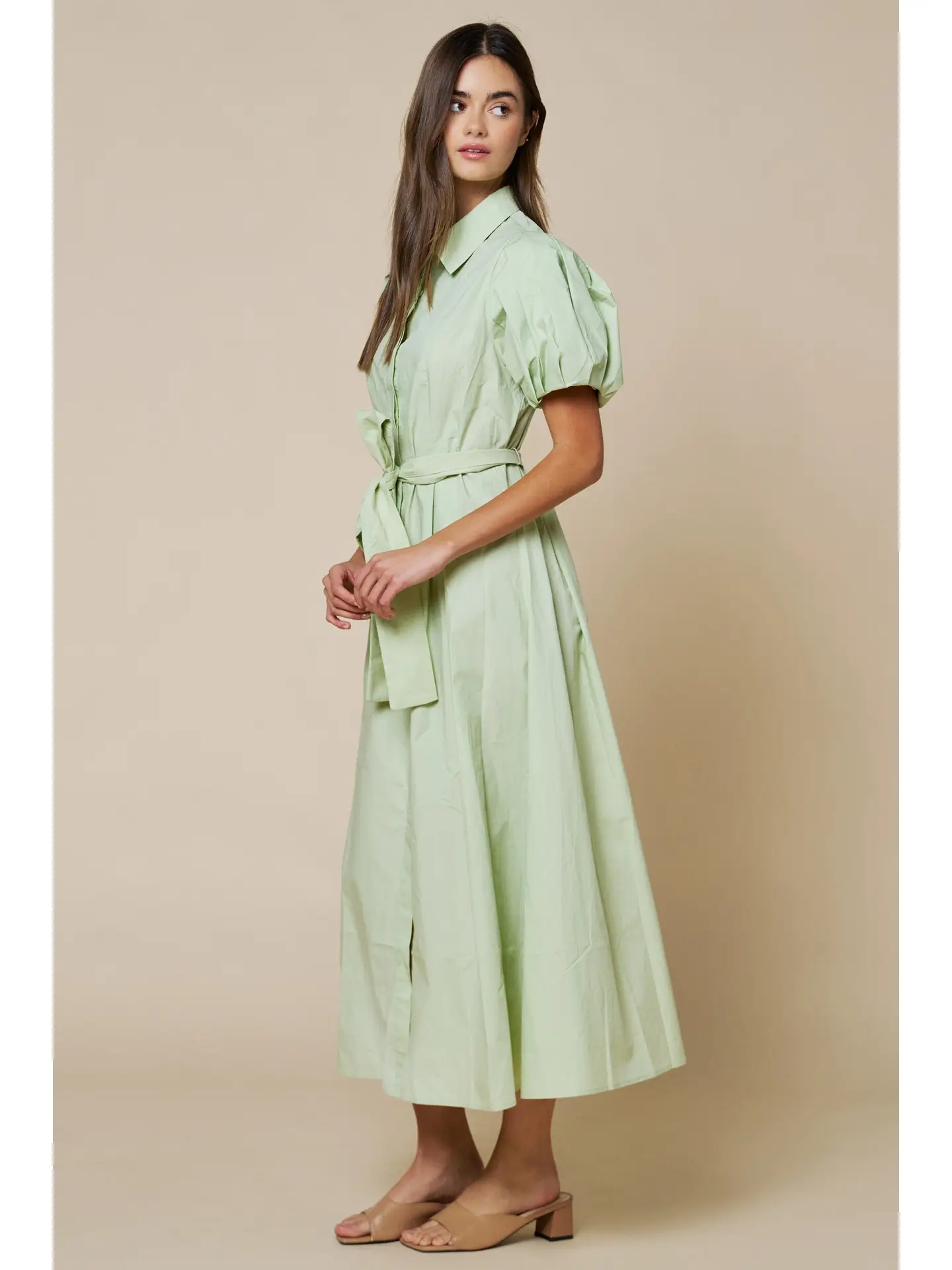 Puff Sleeve Midi Dress Tie Belt
