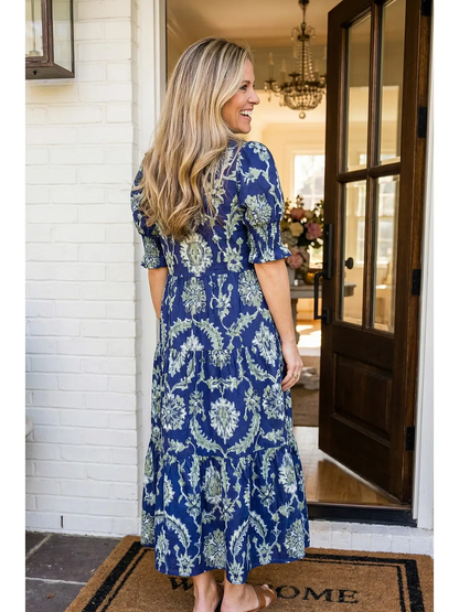 Floral Print Frilled Collar Long Dress