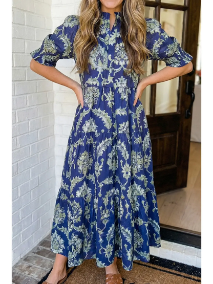 Floral Print Frilled Collar Long Dress
