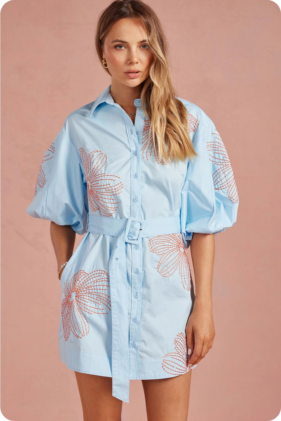 Embroidered Belted Dress