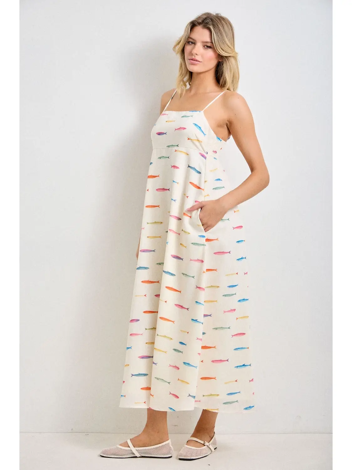 Fish Print Sleeveless Midi Dress