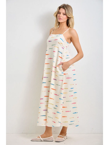 Fish Print Sleeveless Midi Dress