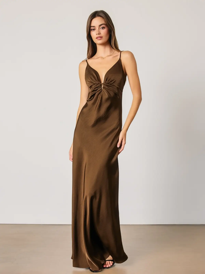 Walnut Satin Ruched Front Maxi
