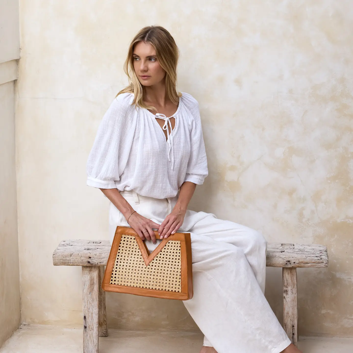 Brown Cane Weave Rattan Triangle Handbag