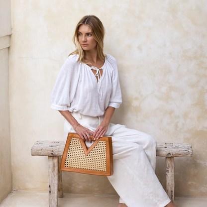 Brown Cane Weave Rattan Triangle Handbag