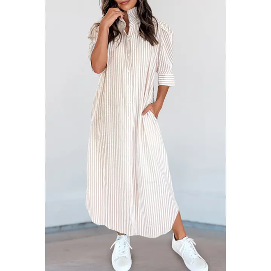 Strip Half Sleeve Shirt Maxi Dress