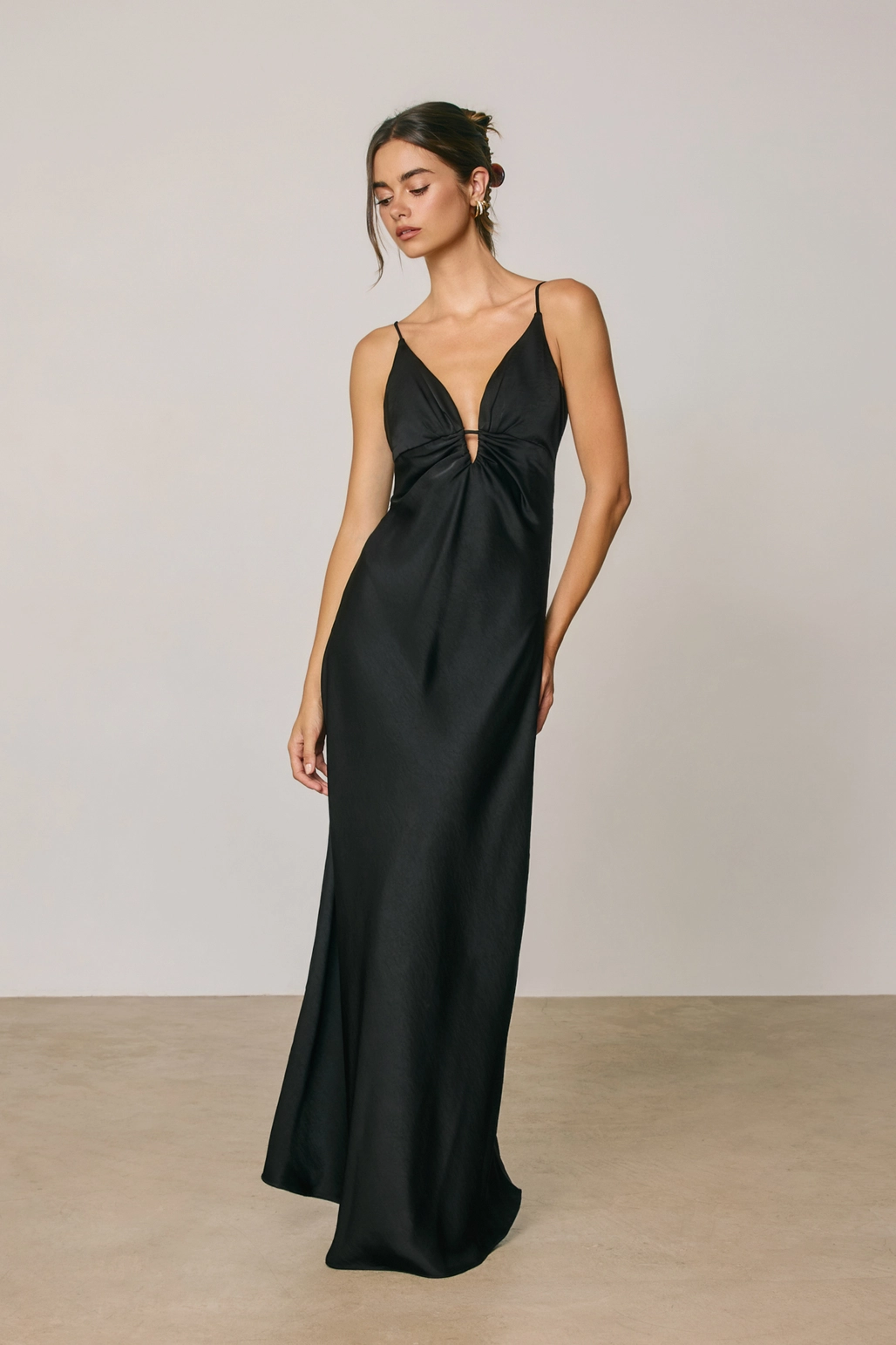 Black Satin Ruched Front Maxi