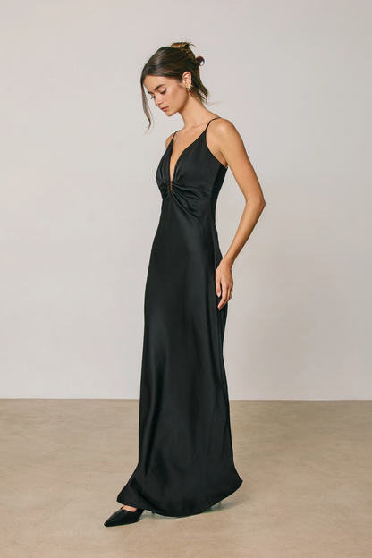 Black Satin Ruched Front Maxi