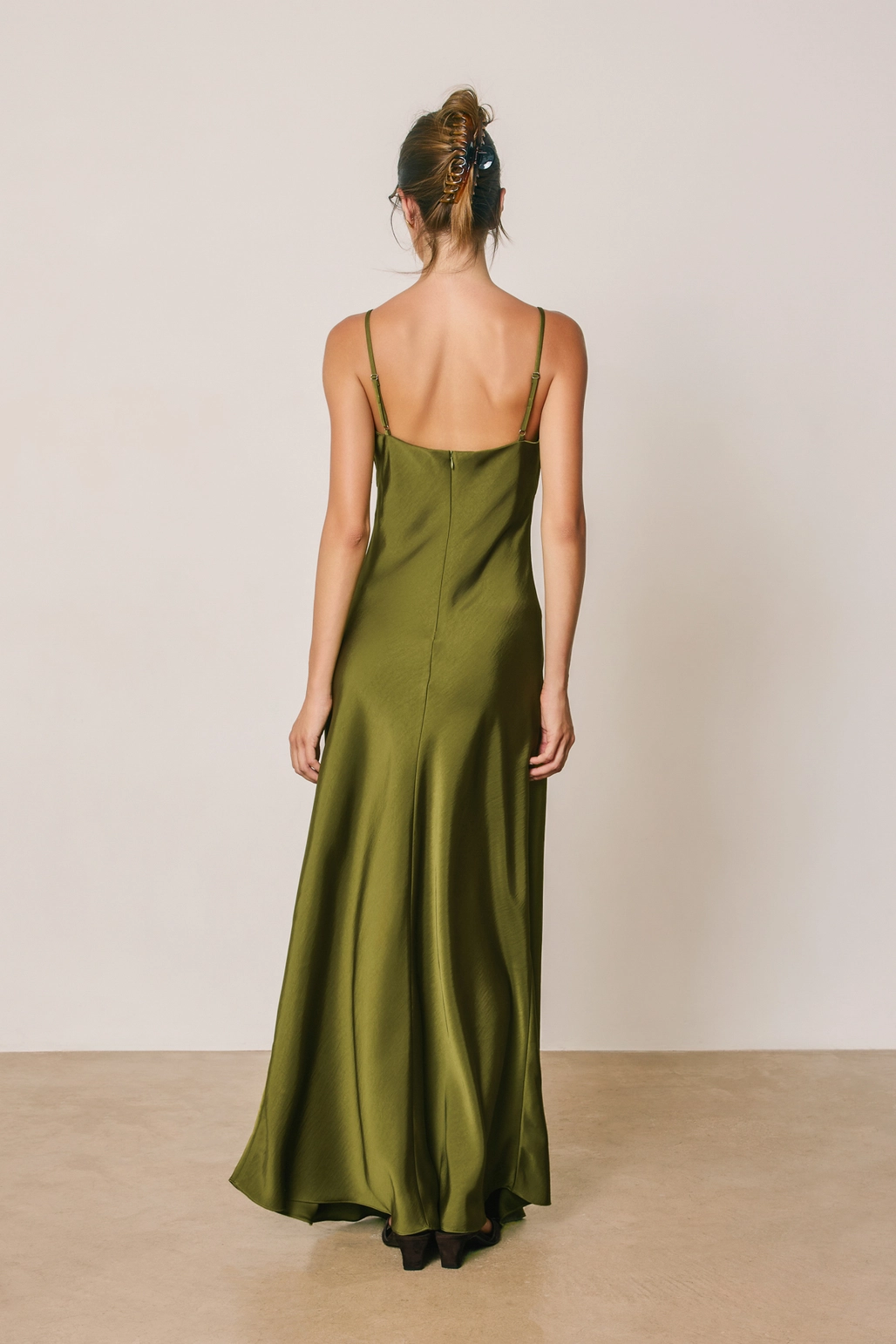 Moss Satin Ruched Front Maxi
