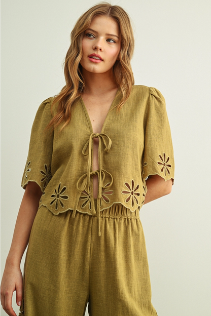 Emboridered Tie Front Top