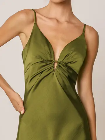 Moss Satin Ruched Front Maxi