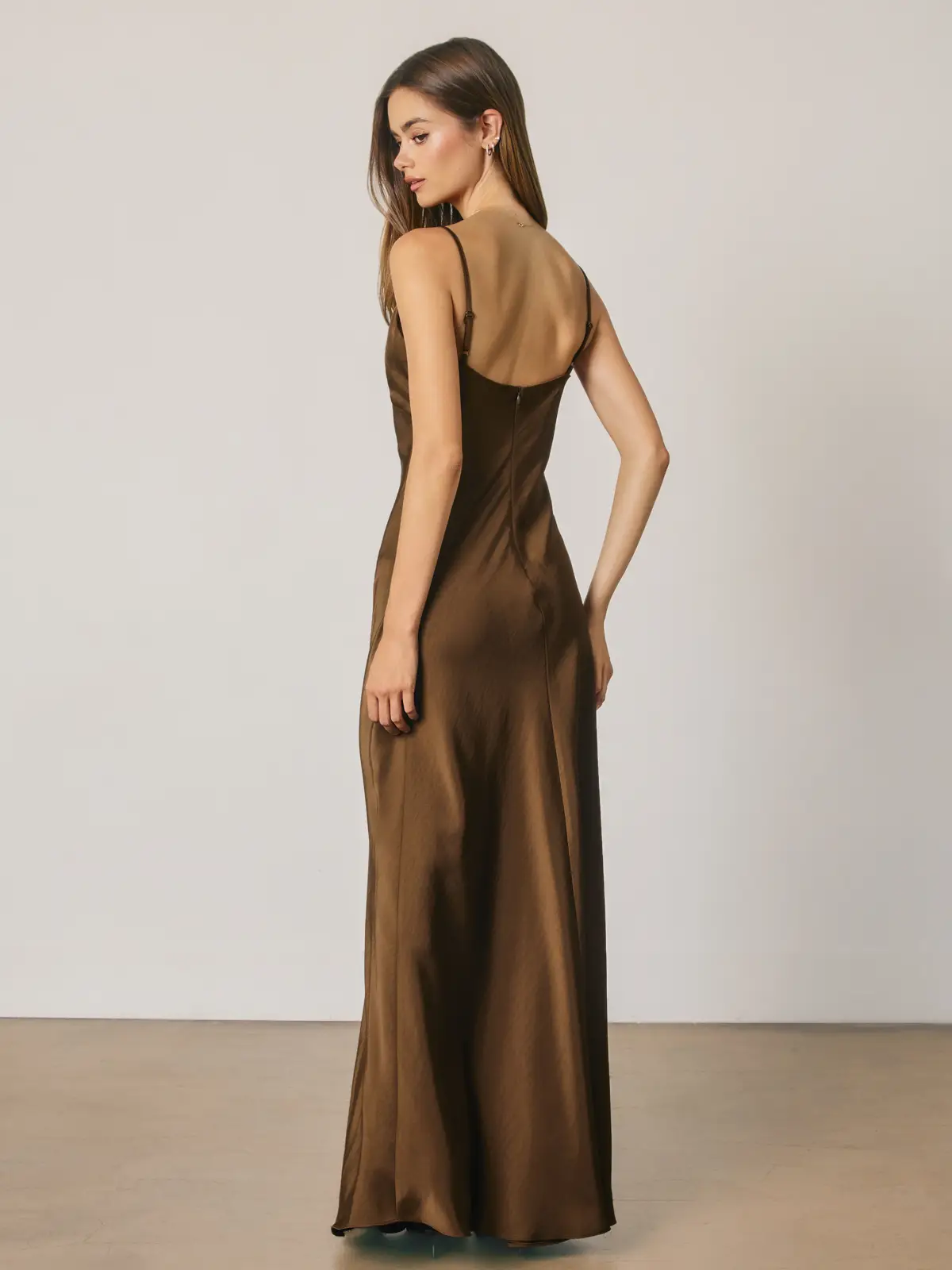 Walnut Satin Ruched Front Maxi