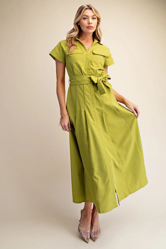 Lime Belted Button Down Midi Dress