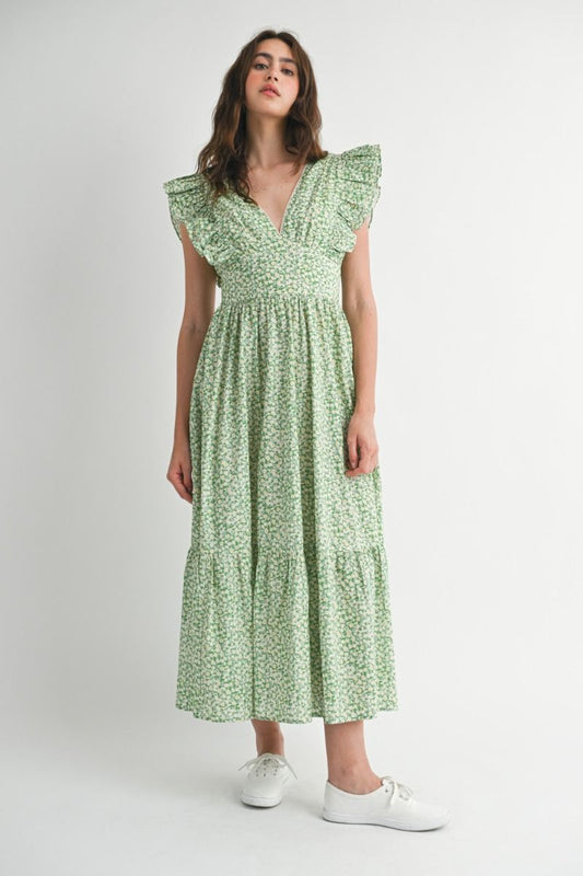 Green Flutter Sleeve Midi Dress