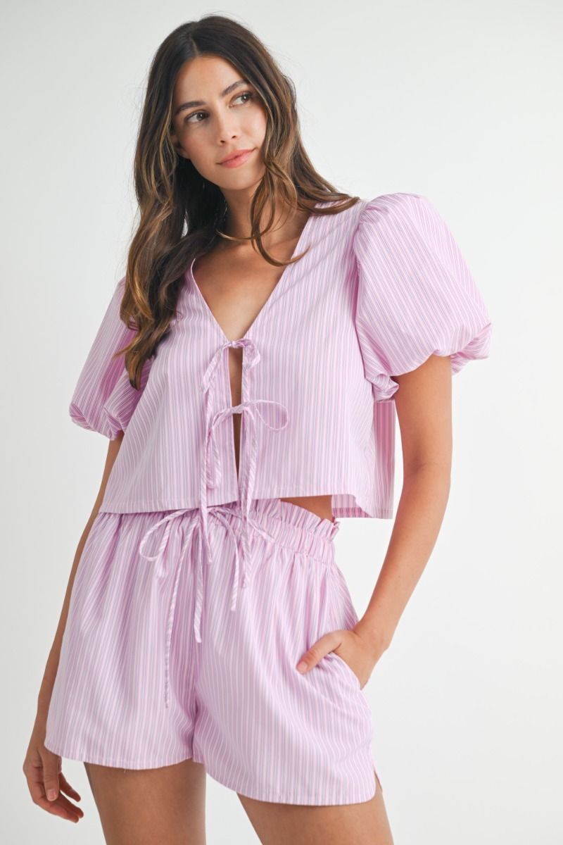 Pink Bow Tied Blouse and Shorts Set