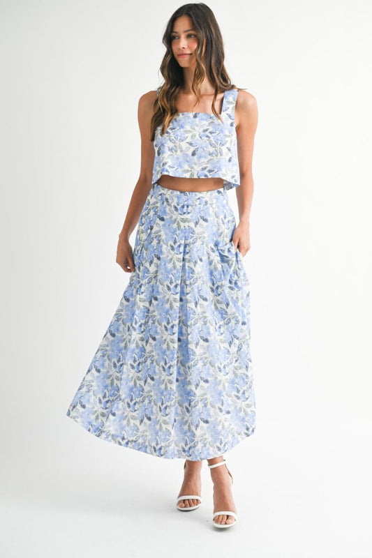 Floral Square Neck Top and Midi Skirt Set