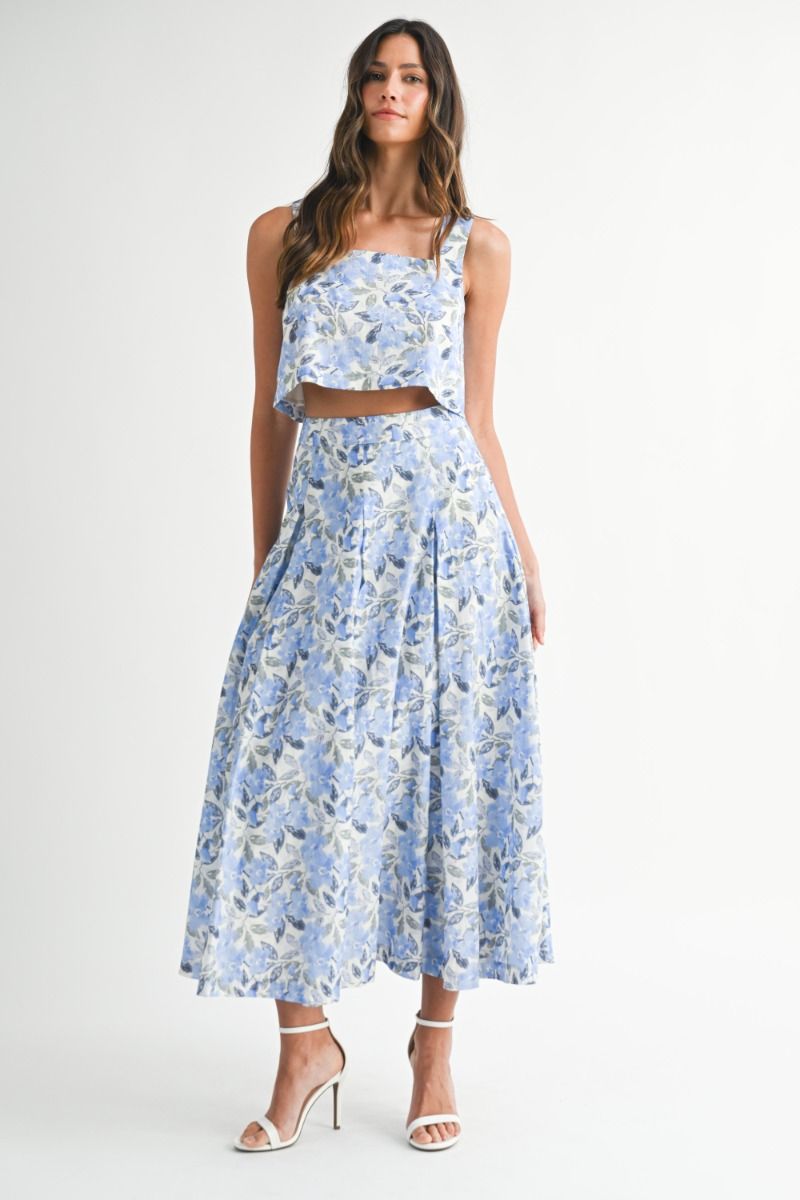 Floral Square Neck Top and Midi Skirt Set