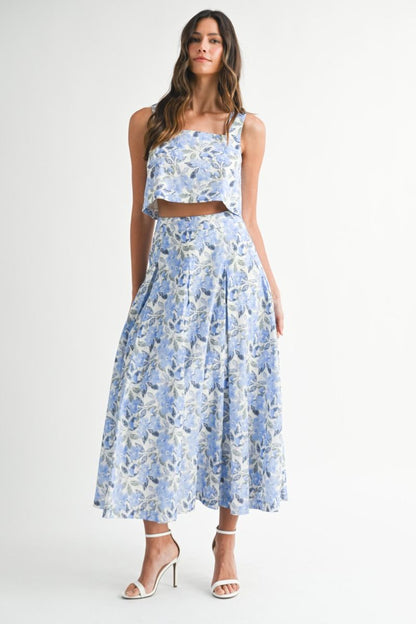 Floral Square Neck Top and Midi Skirt Set